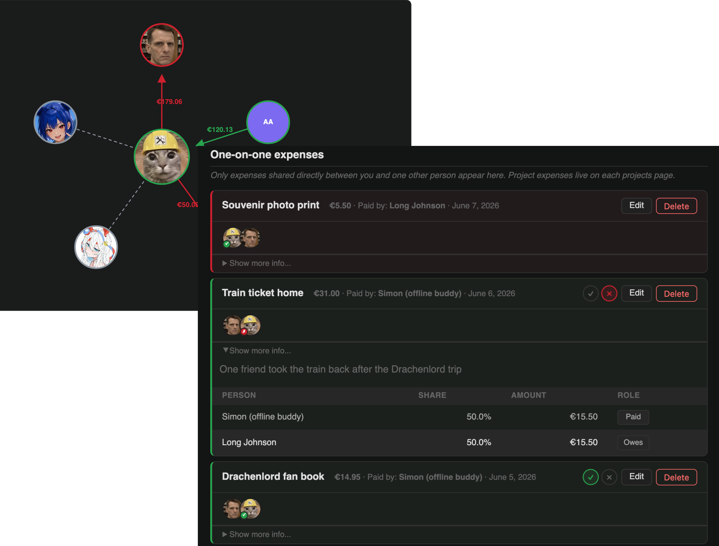 The direct buddy view showing shared expenses and who owes what