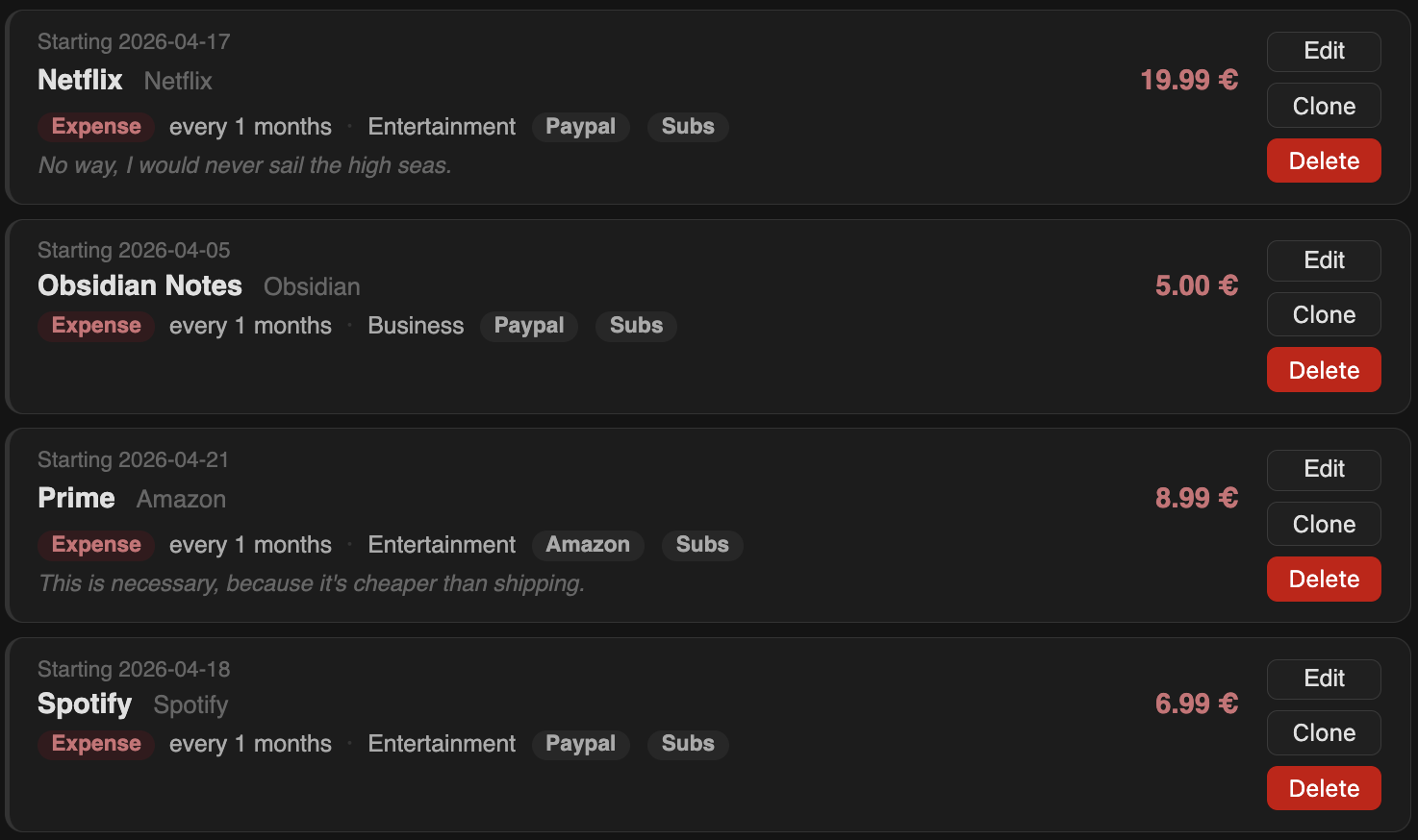 The scheduled expenses list showing recurring bills